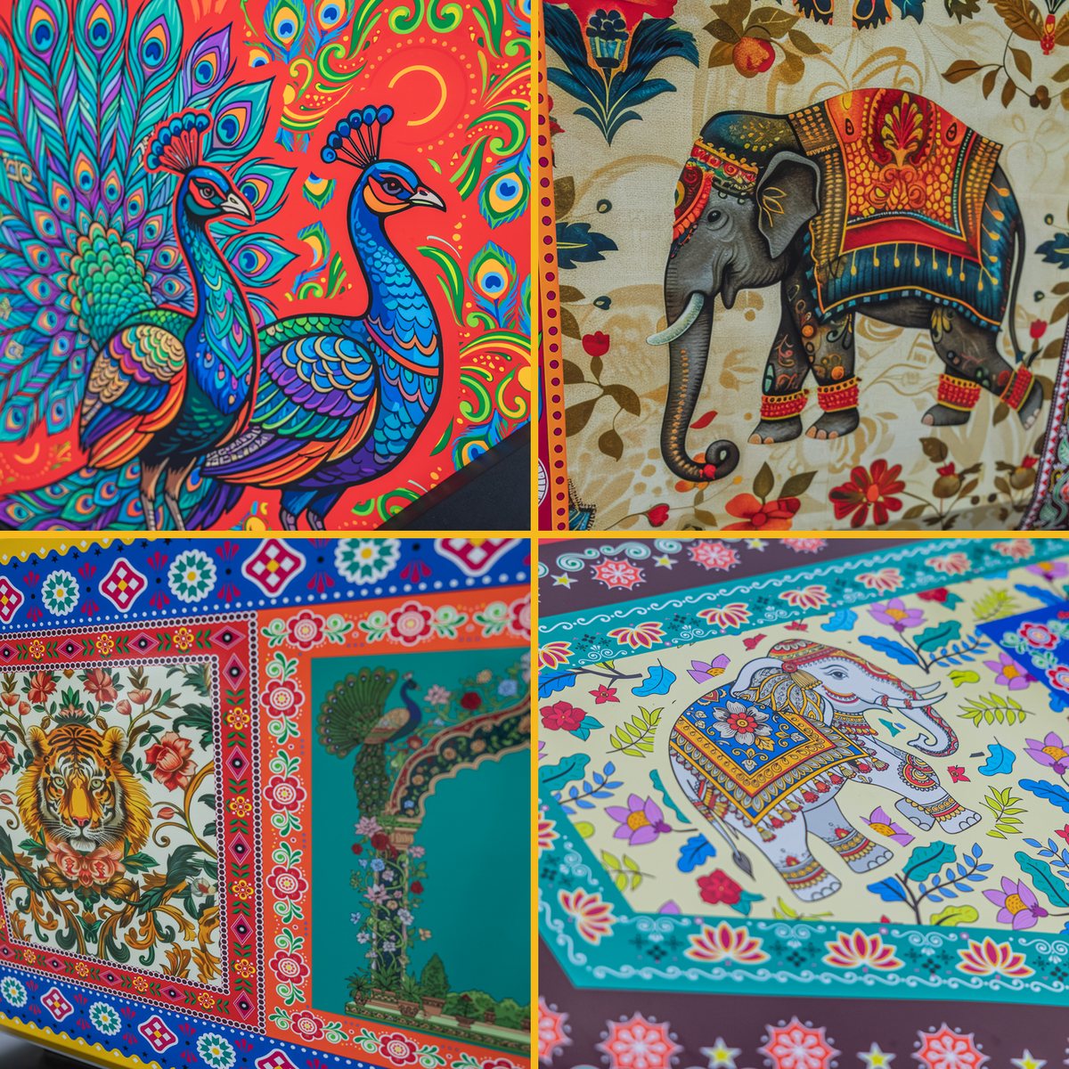 Desi truck art wrap detail on the Desi Cybertruck — hand-painted peacocks, a decorated elephant, a tiger framed in florals, and lotus motifs